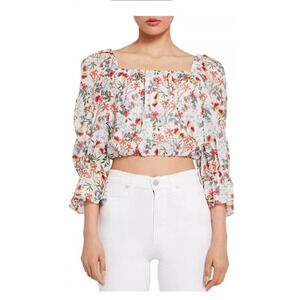Alice + Olivia Deb Blouse XS Cotton Silk Crop Balloon Sleeves Floral